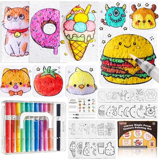 Liktoy 44Pcs Magic Foam Texture Painting Kit, 28Pcs Foam Texture Paper, 12 Colorful Brush, 2 Water Brushes, 3D Effect Texture Painting Set, Ideal for Halloween, Christmas, Birthday Gifts