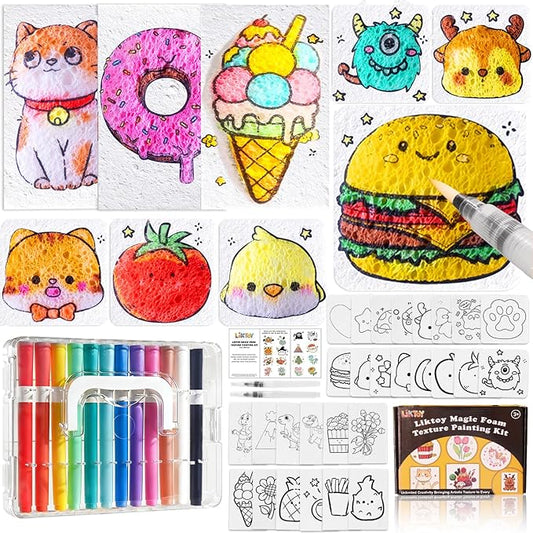 Liktoy 44Pcs Magic Foam Texture Painting Kit, 28Pcs Foam Texture Paper, 12 Colorful Brush, 2 Water Brushes, 3D Effect Texture Painting Set, Ideal for Halloween, Christmas, Birthday Gifts