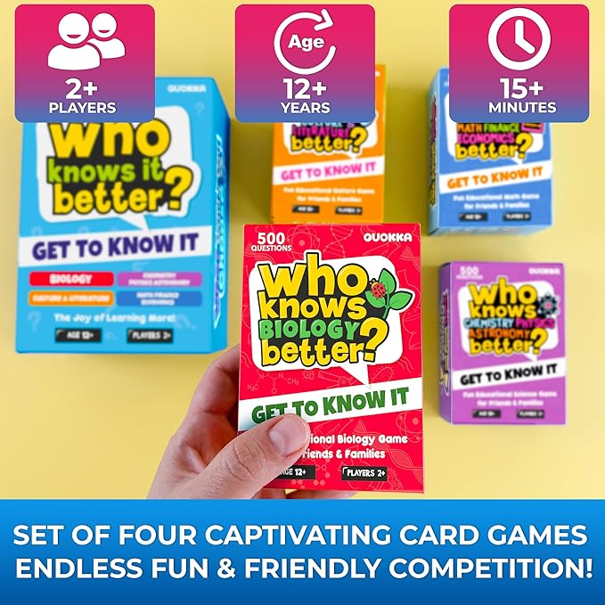 Board Games for Kids 8-12 and Family - Set of 4 Who Knows It Better? - 2000+ Questions Across Biology, Culture, STEM and Math - Educational Trivia Cards for Learning and Game Night