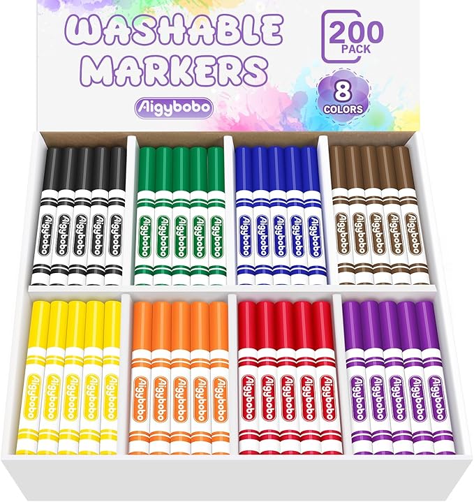 Aigybobo 200 Count Washable Markers - 8 Assorted Colors, Broad Line Markers for School, Classroom Essentials for Teachers