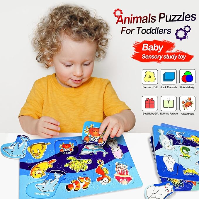 4 Pack 40 Pieces Felt Ocean Theme Zoo Animals Forest Ocean Toys for Toddlers Puzzles Educational Toddler Montessori Learning Matching Game Christmas Birthday Gifts Toys for Kids Felt Busy Board