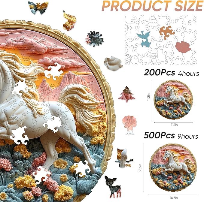 Wooden Puzzle for Adults 200 Piece - 3D Vision Effect Galloping White Horse Wooden Puzzle Unique Shape Advanced Wooden Jigsaw Puzzle, Wood Puzzles, Challenge Wooden Jigsaw Puzzle(11.2 x 11.2 in)