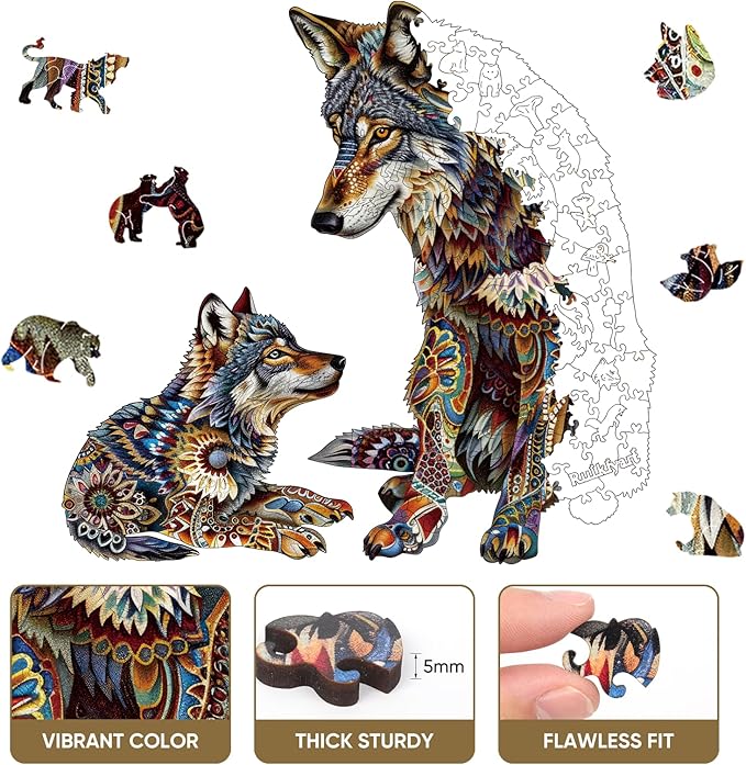 Ruikiyart Wooden Puzzles for Adults, 5MM 200 Pieces Wolf Family Wooden Jigsaw Puzzles, Animal Unique Shaped Puzzle Gifts for Adults and Kids on Thanksgiving, Family Puzzle Games (11.2'' x 11.3'')