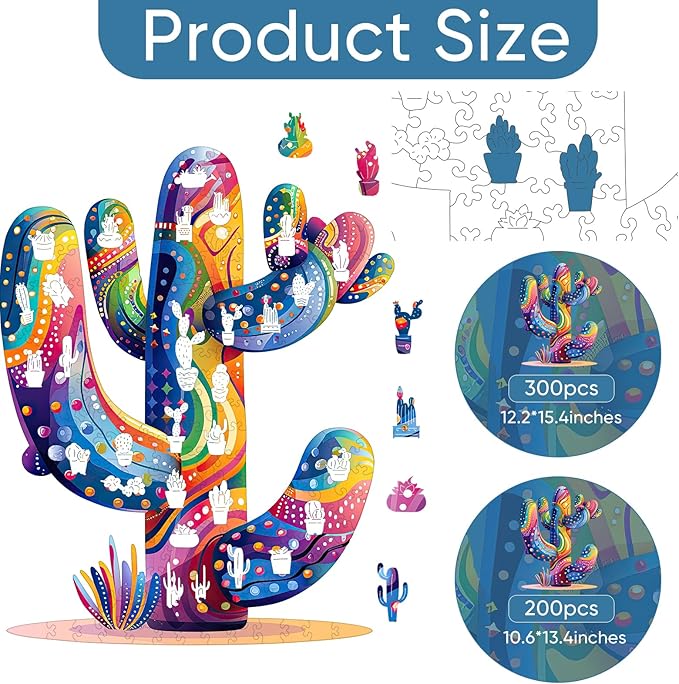 delobil Colorful Cactus Wooden Puzzles, 300 Pieces Jigsaw Puzzles 12.2'' x15.4'', Unique Design Liberty Wooden Puzzles for Adults and Kids, Family Game Gift Royal Size