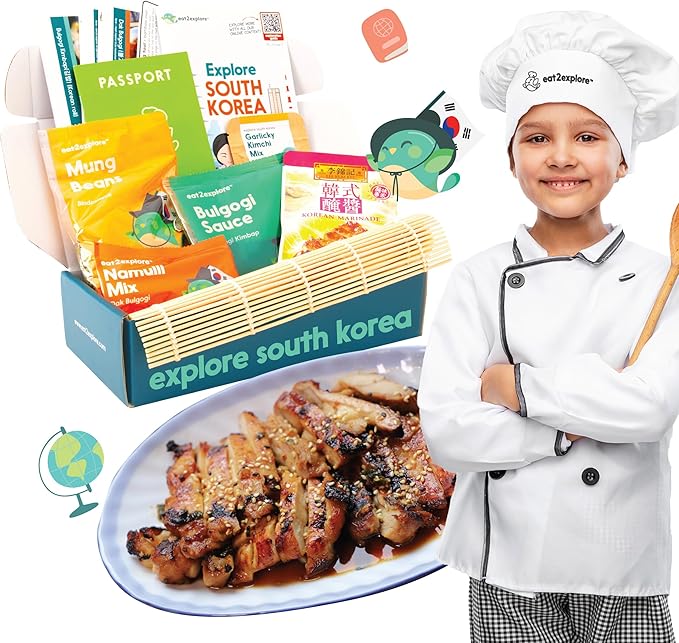 eat2explore Cooking Kits for Kids - Interactive & Educational Set with 3 Recipe Cards, Key Ingredients & Cooking Tools - Ideal Idea for Kids who Love to Create Meals (South Korea Edition)