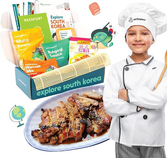 eat2explore Cooking Kits for Kids - Interactive & Educational Set with 3 Recipe Cards, Key Ingredients & Cooking Tools - Ideal Idea for Kids who Love to Create Meals (South Korea Edition)