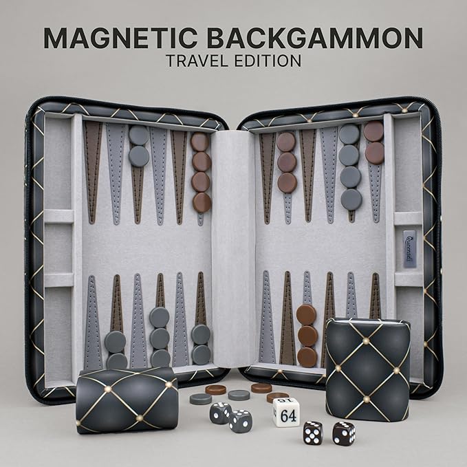 Magnetic Travel Backgammon Sets for Adults - Quality PU Leather Backgammon Board Game for Adults and Kids - 14" Gift for Man Backgammon Board with 32 Magnetic Pieces in PU Leather Case