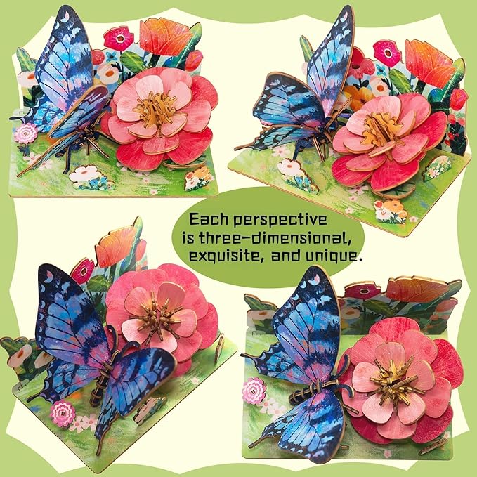 3D Wooden Puzzle for Adults, Teens and Kids - Contnovin 3D Butterfly Puzzle，55 Pieces DIY Model Building Kit, Creative Craft Decor, Relaxing Desktop Ornament, Unique Gift for Birthday and Christmas