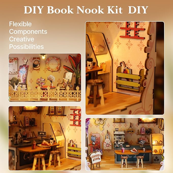 Book Nook Kit,Coffe House Miniature House Kit for Teens and Adults,3D Wooden Puzzle Tiny House Booknook Bookend Bookshelf Decor Model Build.（Romantic Coffee House）
