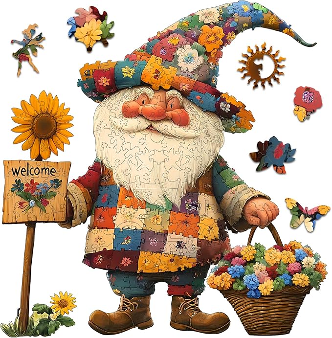 Wooden Puzzles for Adults, Gnome Puzzle for Adults and Kids 200 Pcs, Unique Shape Wooden Jigsaw Puzzle, Wooden Puzzle Creative Toys for Family Friends 12.4'' x 12''