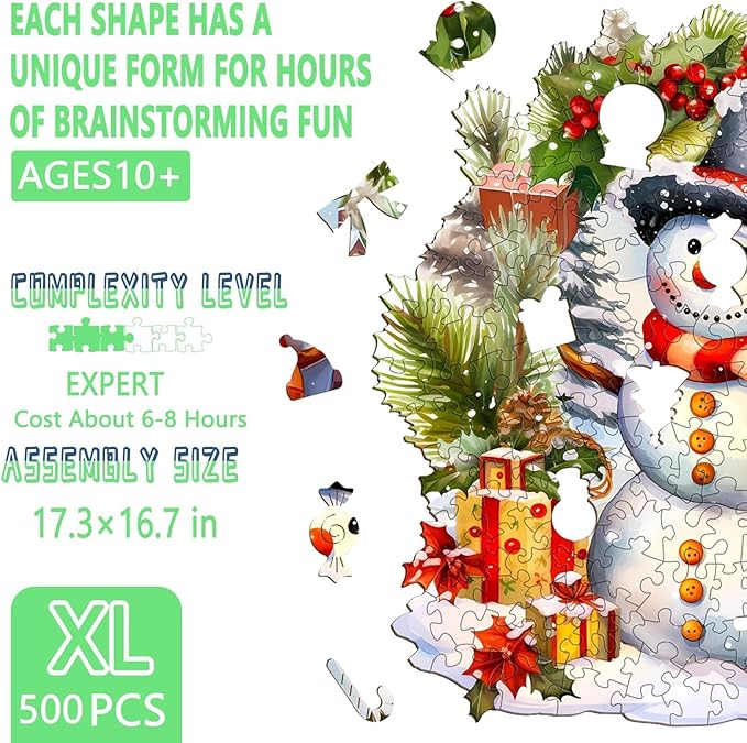 Christmas Wooden Puzzles for Adults, Snowman Wooden Jigsaw Puzzle, Unique Shape Wood Puzzles Adult, Presents for Family and Friends, Wall Art Home Decor(XL-17.3 * 16.7in-500 Pcs)