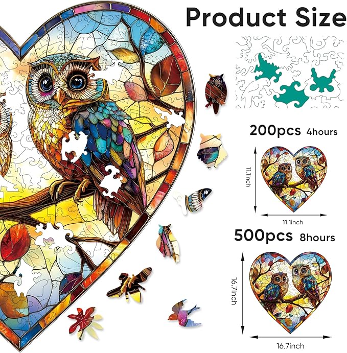Ruikiyart Wooden Puzzles for Adults, 5MM 200 Pie ces Glass Owls Wooden Jigsaw Puzzles, Birds Unique Shaped Puzzle Gifts for Adults and Kids on Thanksgiving, Family Puzzle Games(11.2"*11.2")