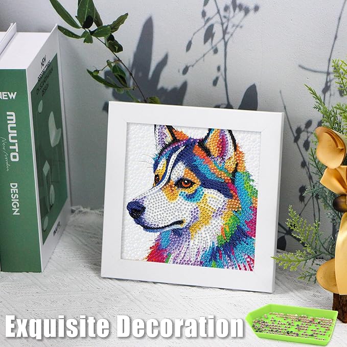 geesfayan Diamond Art Kits for Kids Ages 8-12,6 Inch DIY Gem Art Painting with 7 Inch Frame, Complete Starter Kit for Beginners, Creative Arts & Crafts Gift for Girls & Boys (Husky)