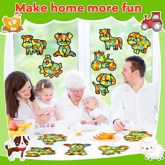 QOUBAI 32 Sets Farm Animals Suncatchers Craft Kit DIY Window Stained Glass Effect Cow Horse Chicken Paper Craft Home School Classroom Decoration Kid Birthday Gift Creative Art Project Activity Game