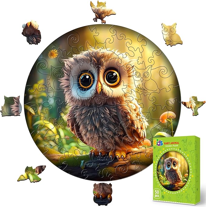 Christmas Birthday Gifts for Kids Girls Boys, Wooden Jigsaw Puzzles for Kids Ages 4-6, 50 Piece Unique Shape Animal Theme Puzzle - Preschool Learning Educational Toys for Kid 3+ (owl)
