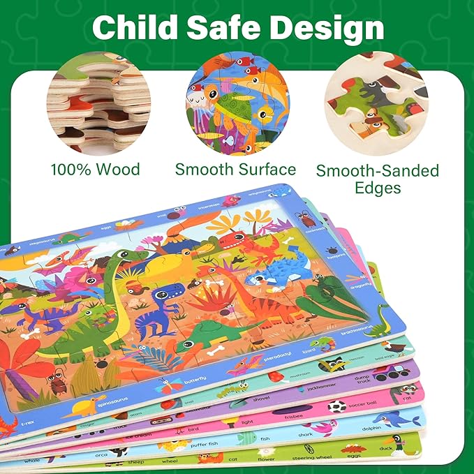 BenBen Large Wooden Puzzles for Kids Ages 4-6, 6 Pack 24 Piece Search and Find Puzzles for Toddlers 3-5, Educational Learning Toys Gifts for 3 4 5 Year Old Boys Girls