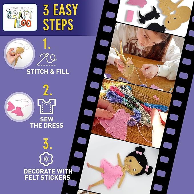CRAFTILOO Ballerina Dancers Sewing Kit for Kids, Fun and Educational Craft Set for Boys and Girls Age 5-12, Sew Your Own Felt Ballerina Craft Kit for Beginners (Ballerina Kit)