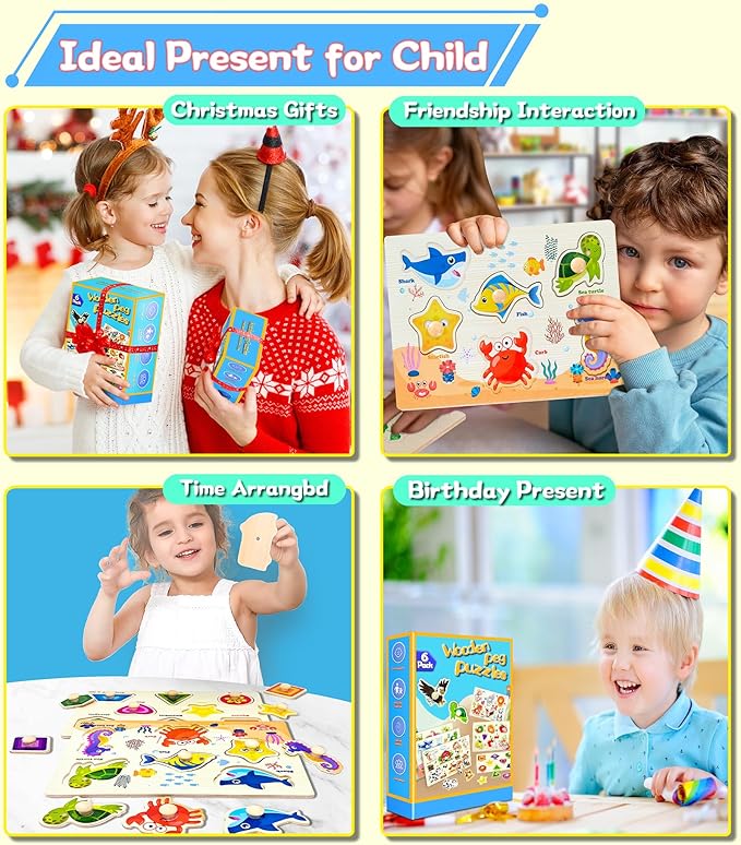 Wooden Peg Puzzles for Toddlers,Montessori Toddler Puzzles for Child,Fine Motor Skill Learning Puzzles Toys for Baby Boys Girls Gifts-6 Pcs Shape,Farm,Sea Animal,Dinosaurs,Fruits,Animals