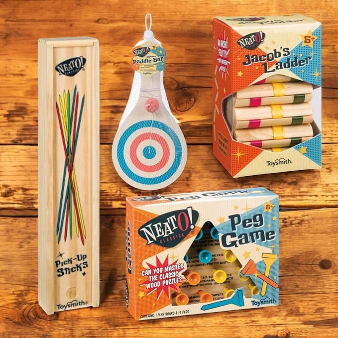 Neato Wood Toys Bundle – Includes Classic Wooden Peg Game, Jacob's Ladder Puzzle, Pick-Up Sticks, and Bounce-Back Paddle Ball – Fun Retro Games for Kids & Adults – Perfect for Travel & Family Play