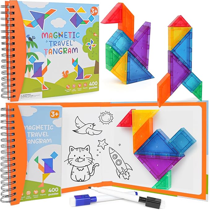 Travel Magnatiles Tangram Puzzle - 3D Building Blocks for Road & Plane Travel STEM Toy with 360 Shape Dissection Puzzles & Brain Teasers, Educational IQ Gift for Kids & Adults