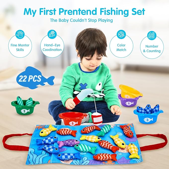 Toddler Toys Montessori Toys for 1 Year Old Boy Girl Birthday Gift- Cloth Fishing Game for Toddler 1-3 with Stacking Cups- Number Counting, Color Sorting, Shape Learning