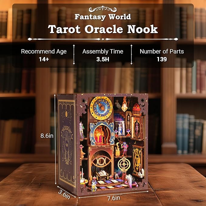 Book Nook Kit - Fantasy Tarot 3D Wooden Puzzle for Adults, Teens & Beginners, DIY Miniature Bookshelf Insert with LED Light, Mysterious Craft Gift for Model Builders