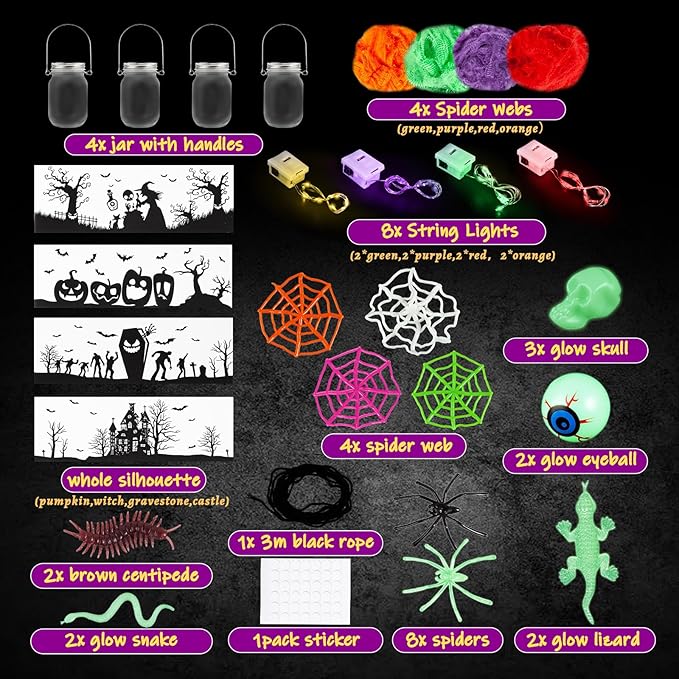 Letapapa Halloween Crafts for Kids, 4 PCS Mason Jar with Accessories for DIY Craft, Art Party Favor Supplies, Halloween Decoration Trick or Treating, Classroom Art Activities