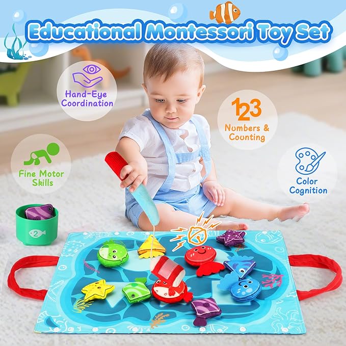 Montessori Toys for 1 Year Old - 17 in 1 Cloth Toddler Fishing Game with Stacking Cups Color Sorting, Baby Toy 12-18 Months One Year Old Boy Birthday Gift, Toddler Toys for 1 2 Year Old Boy Girl Gifts