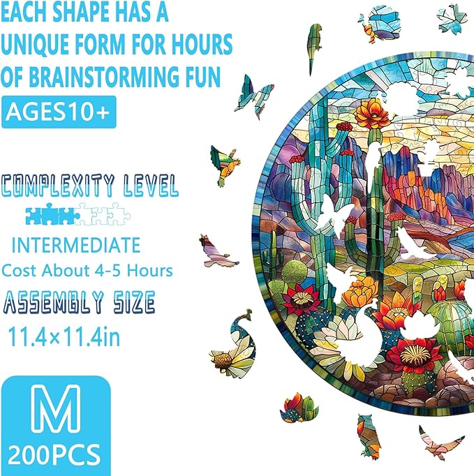 Wooden Jigsaw Puzzle for Adults, Stained Glass Cactus Wooden Puzzles for Adults 200 Pieces, Colorful Plant Succulent Wood Puzzles Adult, Unique Shape, Fun Gifts for Friend, Home Decor(M -11.4*11.4in)