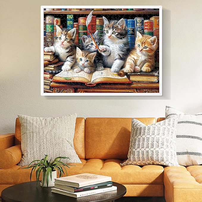 300 Piece Puzzle for Adults, Cats Library Jigsaw Puzzle, Funny Kitten Bookshelf Puzzles, Animal Pet Lover Challenging Puzzles for Friends Family Activity Game Nights Gifts, 20.5x15 in