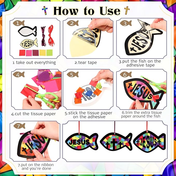 Funrous 32 Set Faith Fish Suncatcher Craft Kit DIY Jesus Fish Craft Religious Cross Hanging Ornament Christian Colorful Tissue Paper for Church Bible Vbs Sunday School Classroom Home Window Deocr