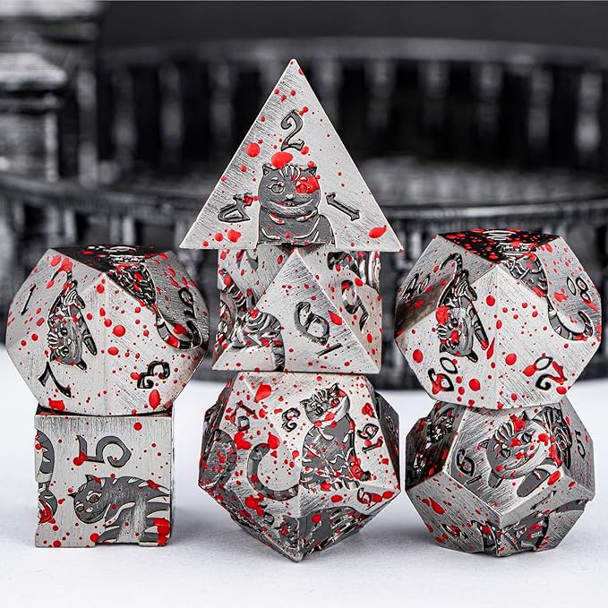 Metal DND Cat Dice Polyhedral RPG Dice Set with Gift Case for Dungeons Dragons Role Playing Game, 7PCS D and D Dice D6 D8 D10 D12 D20 D% (Blood)