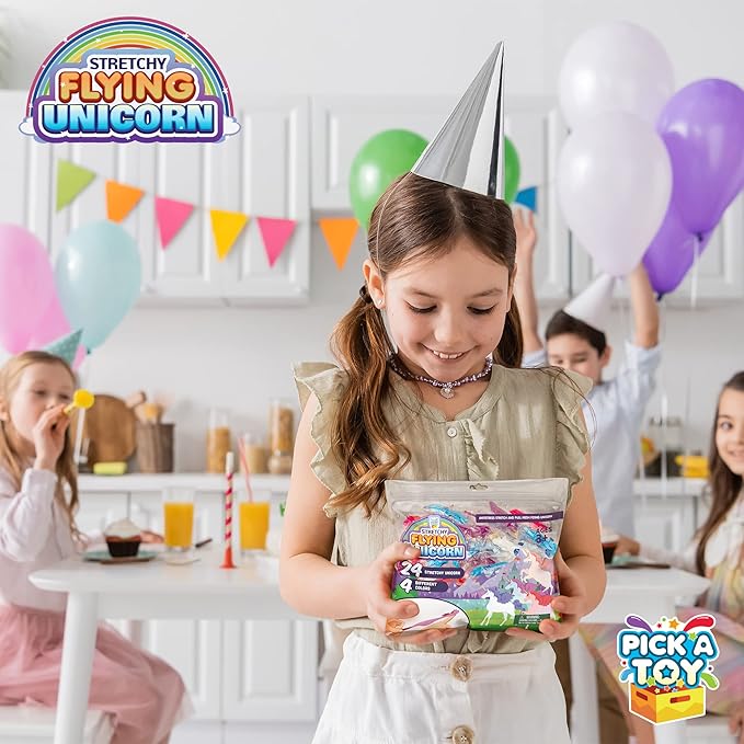 PICK A TOY Unicorn Favor Toys for Girls and Boys, 24 Pcs Rubber Finger Flicker Stretchy Slingshot for Kids, Birthday Goodie Bag, Unicorn Party Favors, Classroom Treasure Chest Treats