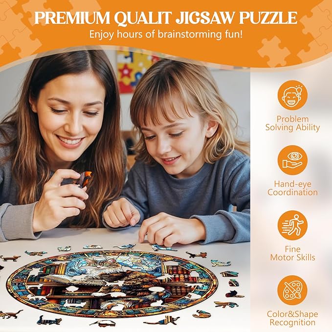 Wooden Puzzles for Adults, Wooden Jigsaw Puzzles for Adults Kids, The Maine Cat Library Unique Shaped Wood Puzzles Adult, Creative Birthday Gifts for Friends Family Game (13.4 * 13.4in 300pcs)