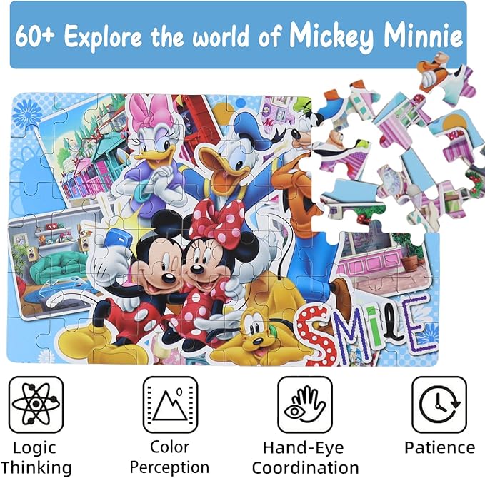 Minnie Mickey Puzzles for Kids Ages 3-8 - 60 Piece Jigsaw Puzzles for Girls & Boys - Educational Toys in a Metal Box