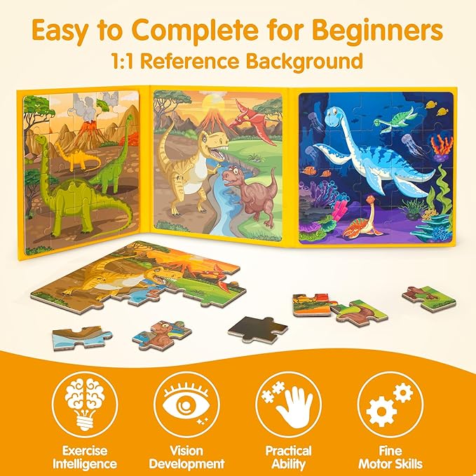 SYNARRY Magnetic Dinosaur Puzzles for Kids Ages 3-5, 20 Pieces Puzzles for Toddlers 4-6, Children Travel Activity Toys Games Gifts for Kids Boys Girls Ages 3 4 5 in Car Airplane Magnet for Road Trip