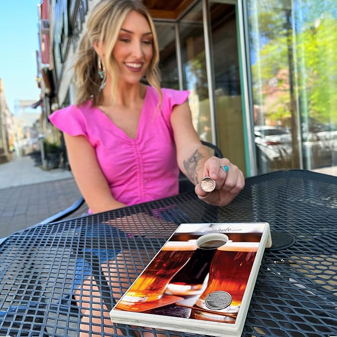 Coinhole Desktop Coin Bouncing Party Game Set | Tabletop Cornhole Board Game | Small Cornhole Travel Game Includes Coins