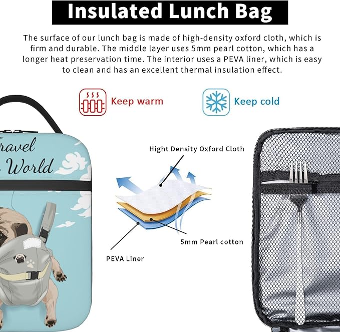Cute Pet Pug Reusable Lunch Box Food Bag Insulated Lunch Bag for Teenage Boys Girls School Beach