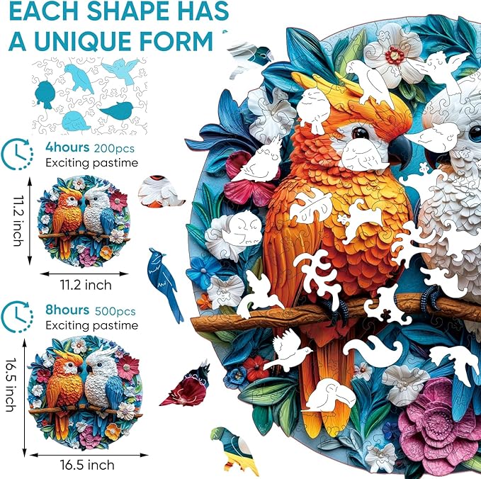 Wooden Puzzles for Adult,Round Parrots Jigsaw Puzzles 500 Pieces 5mm Thickness, Unique Shaped Bird Puzzle Fun Challenging Gift for Kids and Adults on Birthday,Christmas, 16.5 x 16.5 Inches
