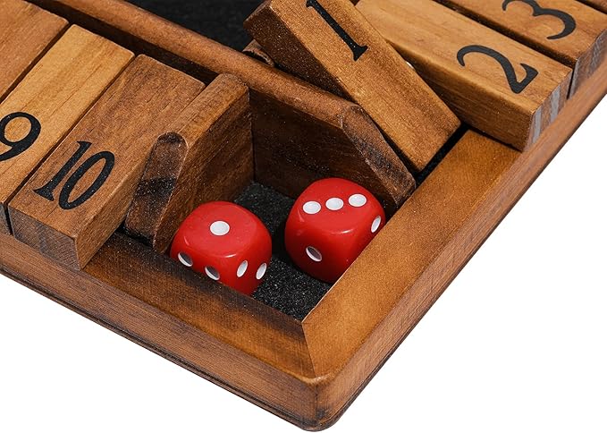 Shut The Box Game Wooden for 1-4 Players，Educational & Fun Wooden Board Game with 10 Dice and Shut-The-Box Instructions for Kids & Family, Pub Dice Game for Adults. (12 Inches)