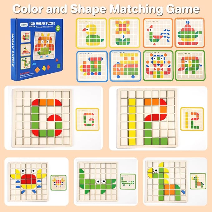 Wooden Mosaic Puzzles 120PCS Pattern Blocks Preschool Learning Activities Educational Toys Shape Matching Game Montessori Toys for Toddlers Kids Boys Girls 3 4 5 Years Old