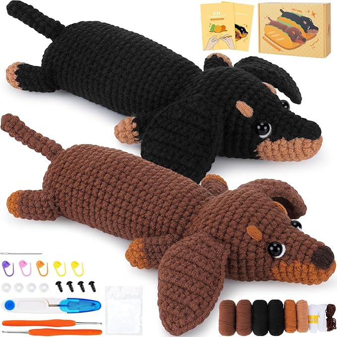 Crochet Kit for Beginners - 2 PCS Dachshund Crochet Kits with Step-by-Step Video Tutorials, Beginner Crochet Kit for Adults, Crochet Animal Kit for Kids, Dog Craft Knitting Kit