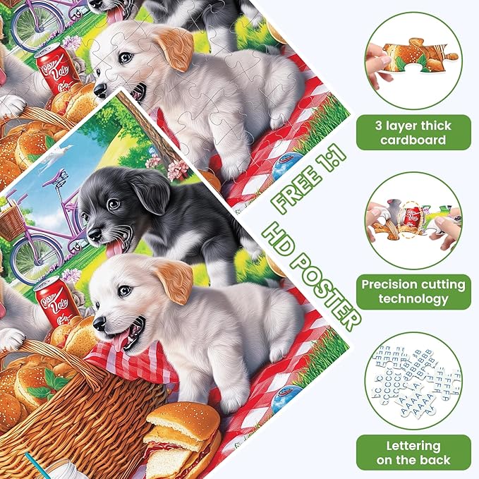 100 Piece Dog Puzzles for Kids Ages 6-8 8-10 - Picnic Puppy Jigsaw Puzzles - 100 Piece Senior Jigsaw Puzzle for Toddlers Kids Puzzles Ages 3-5 Toys Birthday Gifts for Boys Girls Adults-15 x 19 in