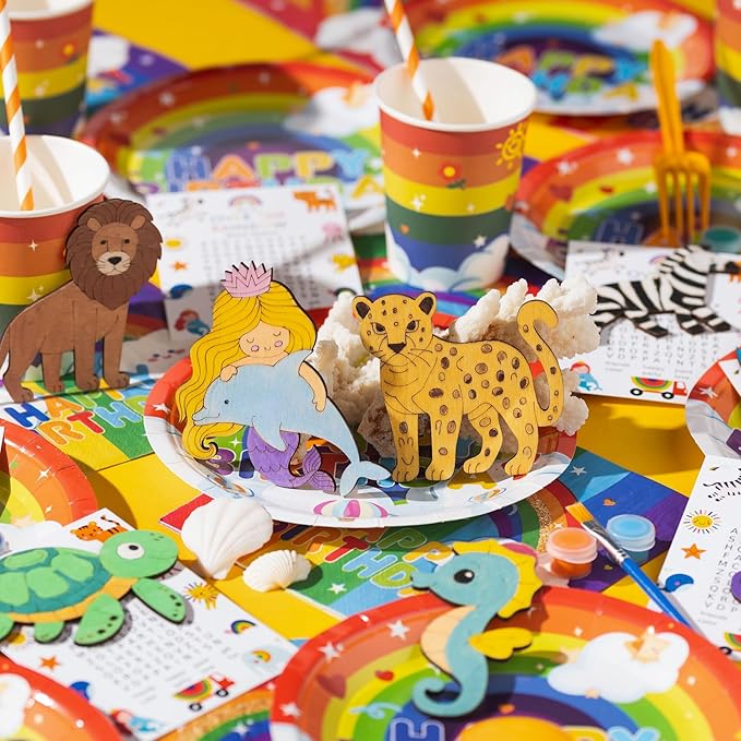 GEECOZYLIFE Animals Wood Crafts - 24 Pcs Safari & Under The Sea Wooden Animal Painting Kits with Word Search Cards - Classroom Birthday Gifts, Goodie Bags & School Rewards Crafts