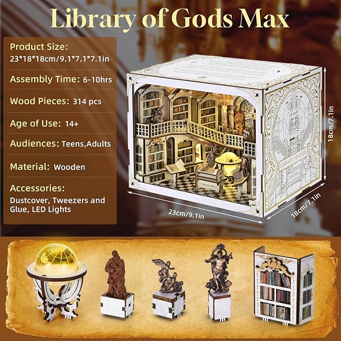 DIY Book Nook Kit for Adults, 3D Wooden Puzzle Bookend Bookshelf Insert Decor with LED Light and Dust Cover (Library of Gods Max)