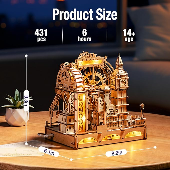 ROKR Marble Travel London, 3D Wooden Puzzles for Adults, Marble Run Kit Adults to Build, 3D Wooden Puzzle with LED, Unique Gift for Men Women