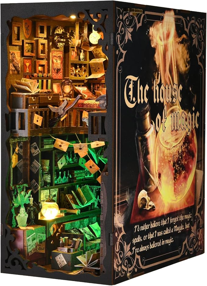Book Nook Kit, Book Nook Kits for Adults and Teens, DIY Miniature Dollhouse Kit 3D Wooden Puzzle Booknook Bookend with LED Light