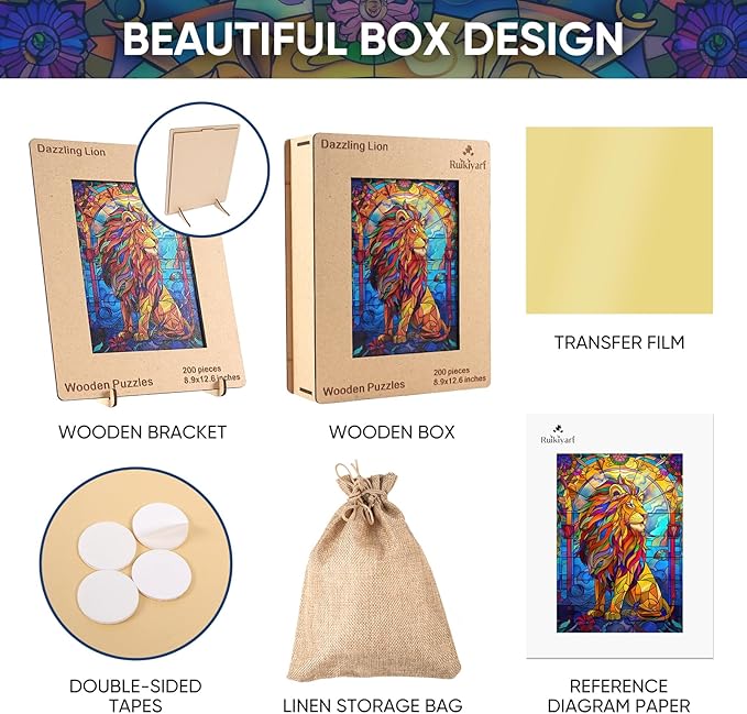 Ruikiyart Wooden Puzzles for Adults Stained Glass Lion Jigsaw Puzzles 500Pcs Unique Animal Shapes Puzzle Games Fabulous Gift for Kids and Adults on Birthday,Thanksgiving,Christmas 12.2x17.3 Inches