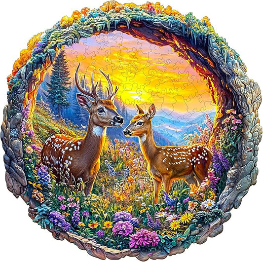 Wooden Puzzles for Adults - Deer Among Flowers Wooden Jigsaw Puzzle - Unique Animal Shaped Wood Puzzles Adult - Christmas Birthday Gifts for Adults/Friends/Family - 300pcs 13.4 * 13.3in