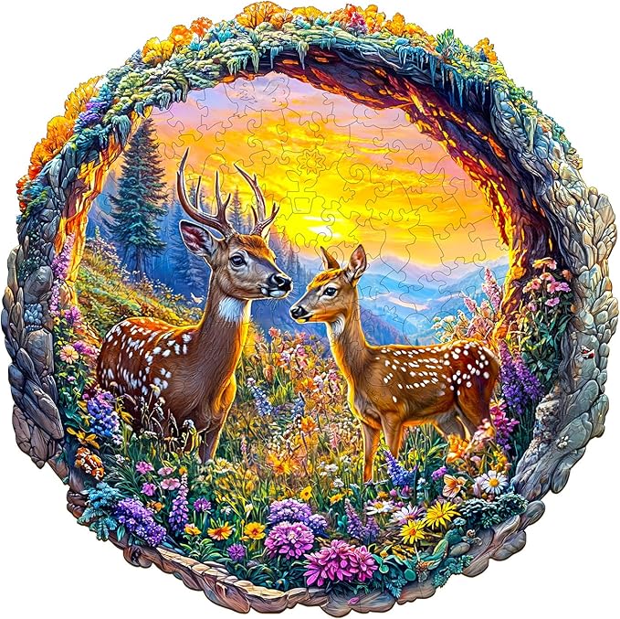 KAAYEE Wooden Puzzles for Adults, 3D Visual Effect Deer and Flowers Wooden Jigsaw Puzzle Unique Shape Wood Puzzle Adult, Birthday Gifts for Puzzle Lovers Family Games (M-11.4 * 11.3in-200pcs)